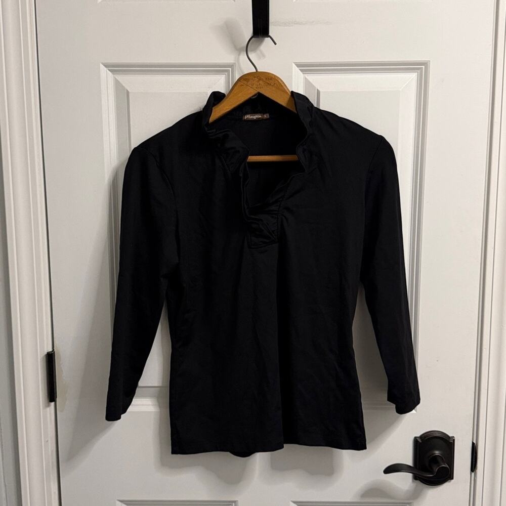 J MCLAUGHLIN Stretch Black Ruffle V- Neck 3/4 Sleeve Blouse Size S
